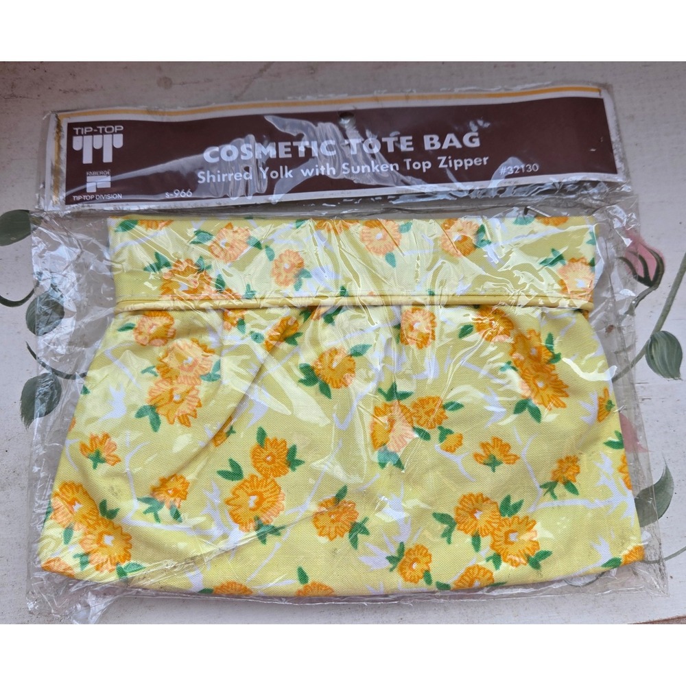 RETRO VTG 1970s Top Cosmetic Tote Bag Shirred Yolk Sunken Top Zipper Yellow